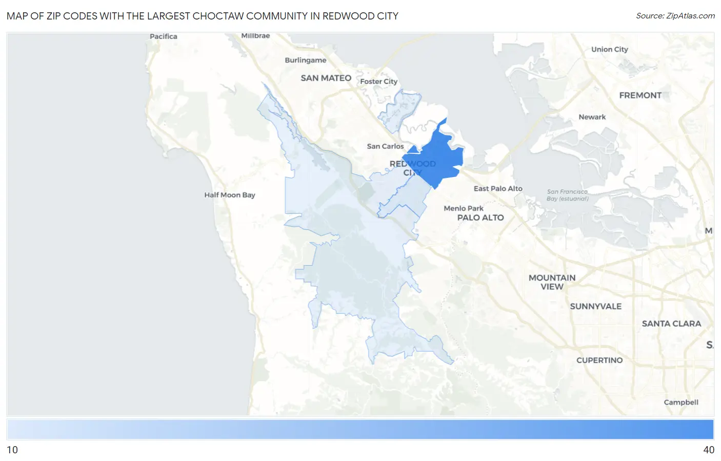 Zip Codes with the Largest Choctaw Community in Redwood City Map