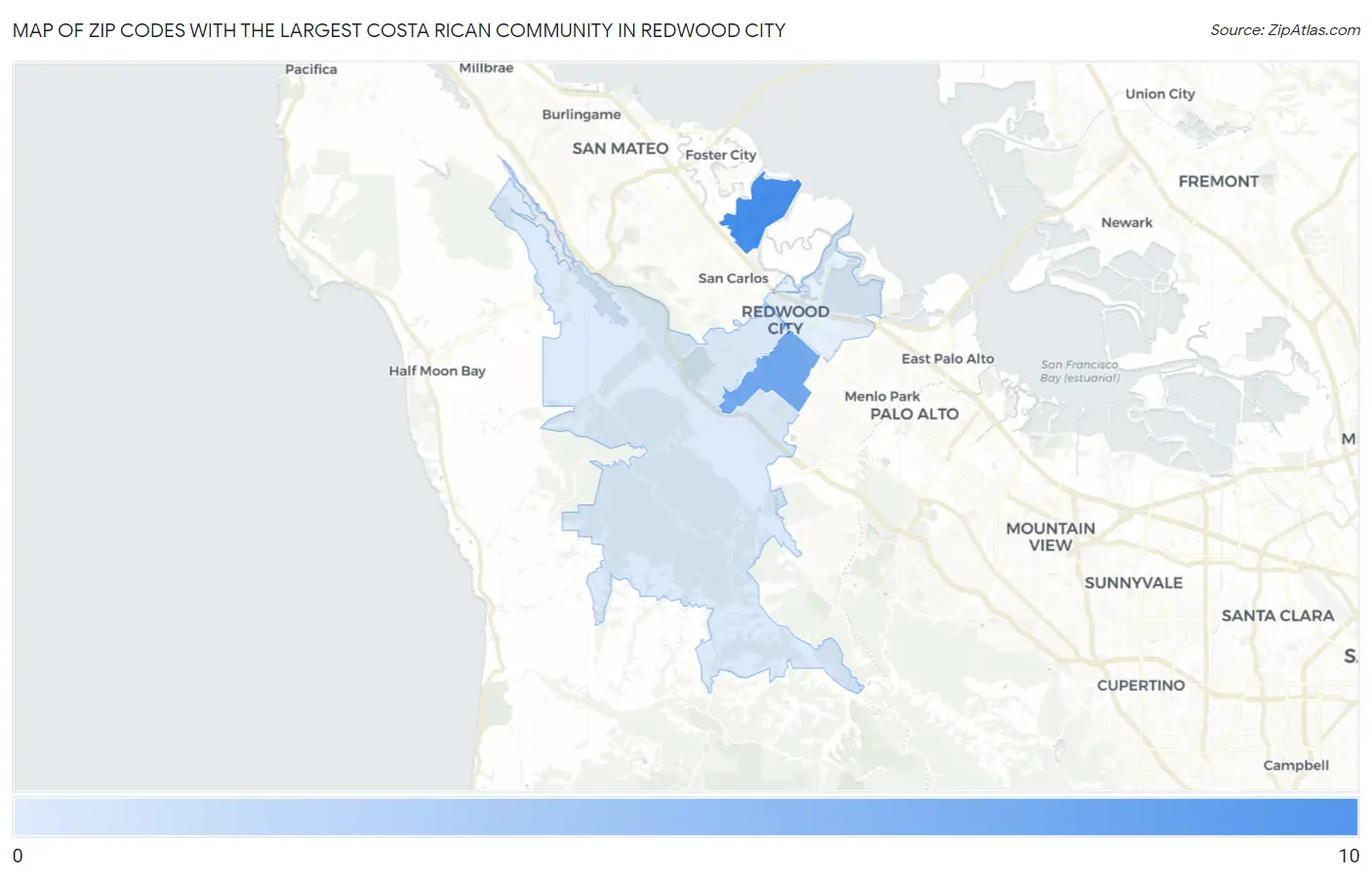 Zip Codes with the Largest Costa Rican Community in Redwood City Map