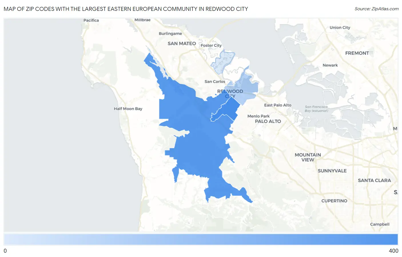 Zip Codes with the Largest Eastern European Community in Redwood City Map