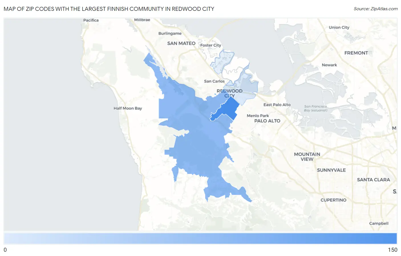 Zip Codes with the Largest Finnish Community in Redwood City Map