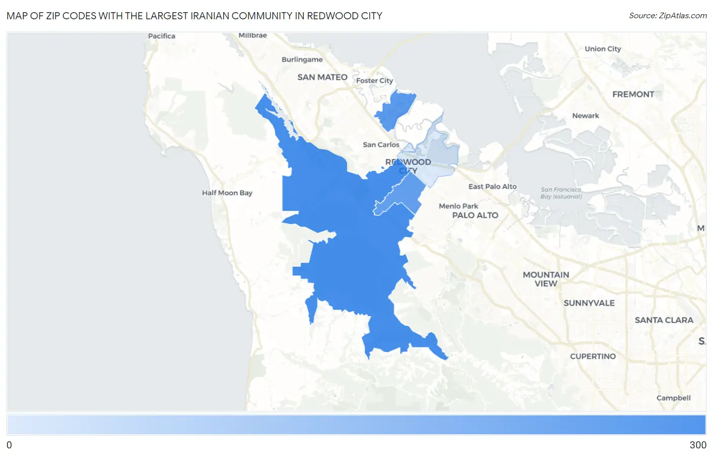 Zip Codes with the Largest Iranian Community in Redwood City Map