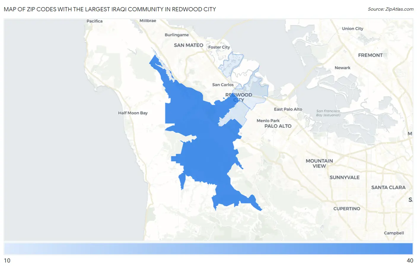Zip Codes with the Largest Iraqi Community in Redwood City Map