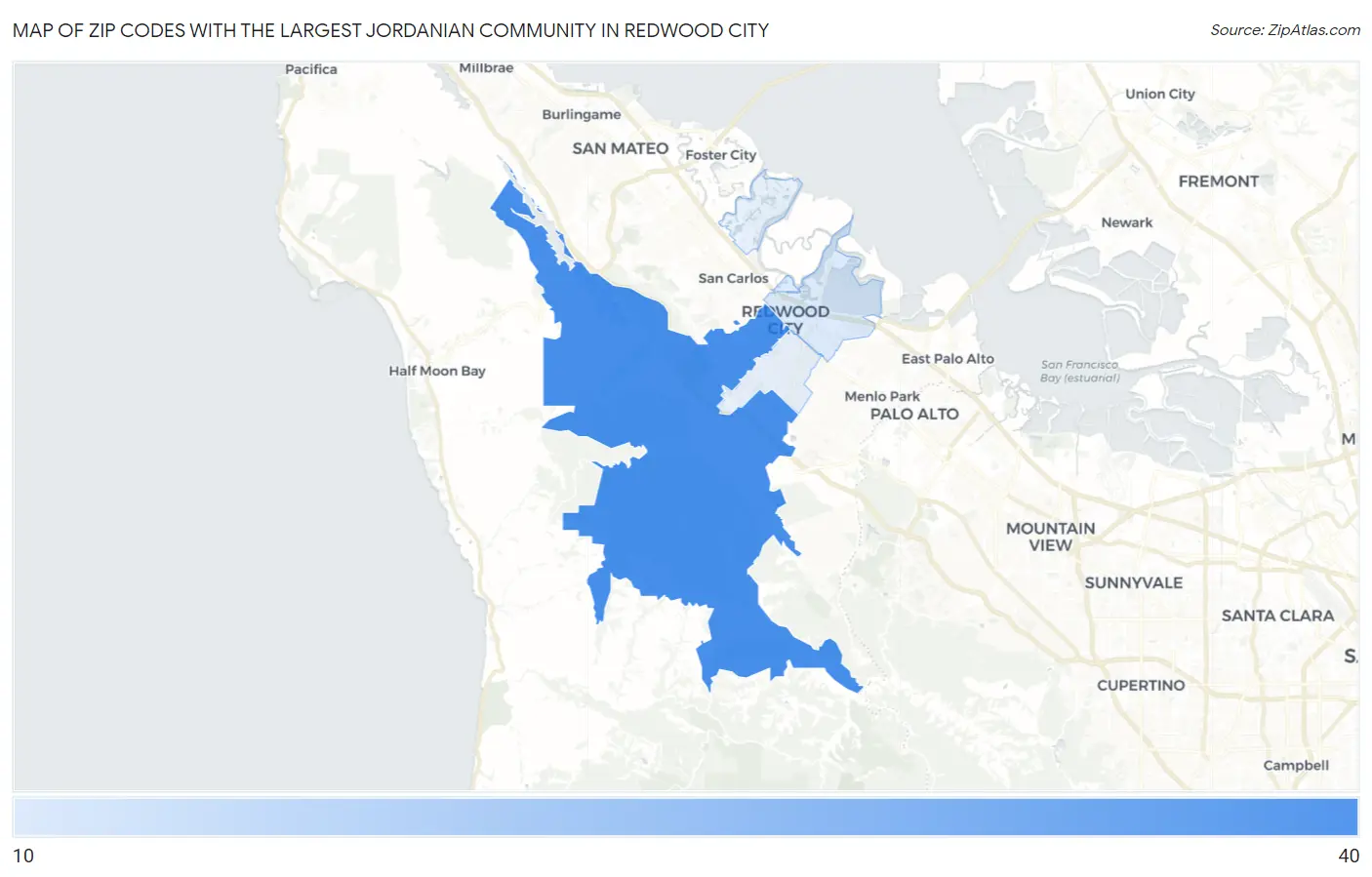 Zip Codes with the Largest Jordanian Community in Redwood City Map