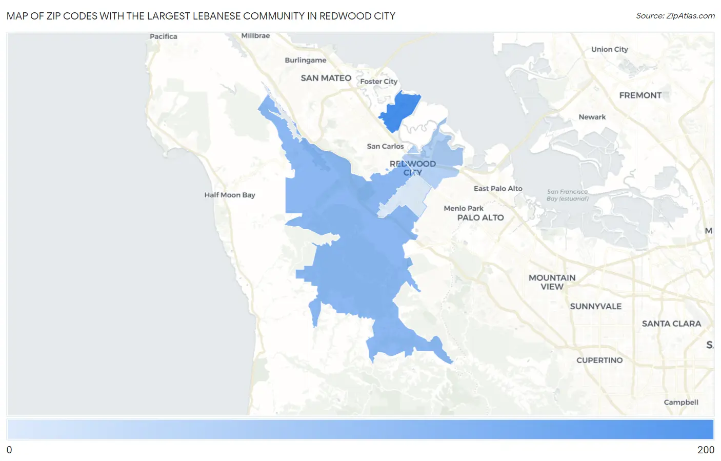 Zip Codes with the Largest Lebanese Community in Redwood City Map