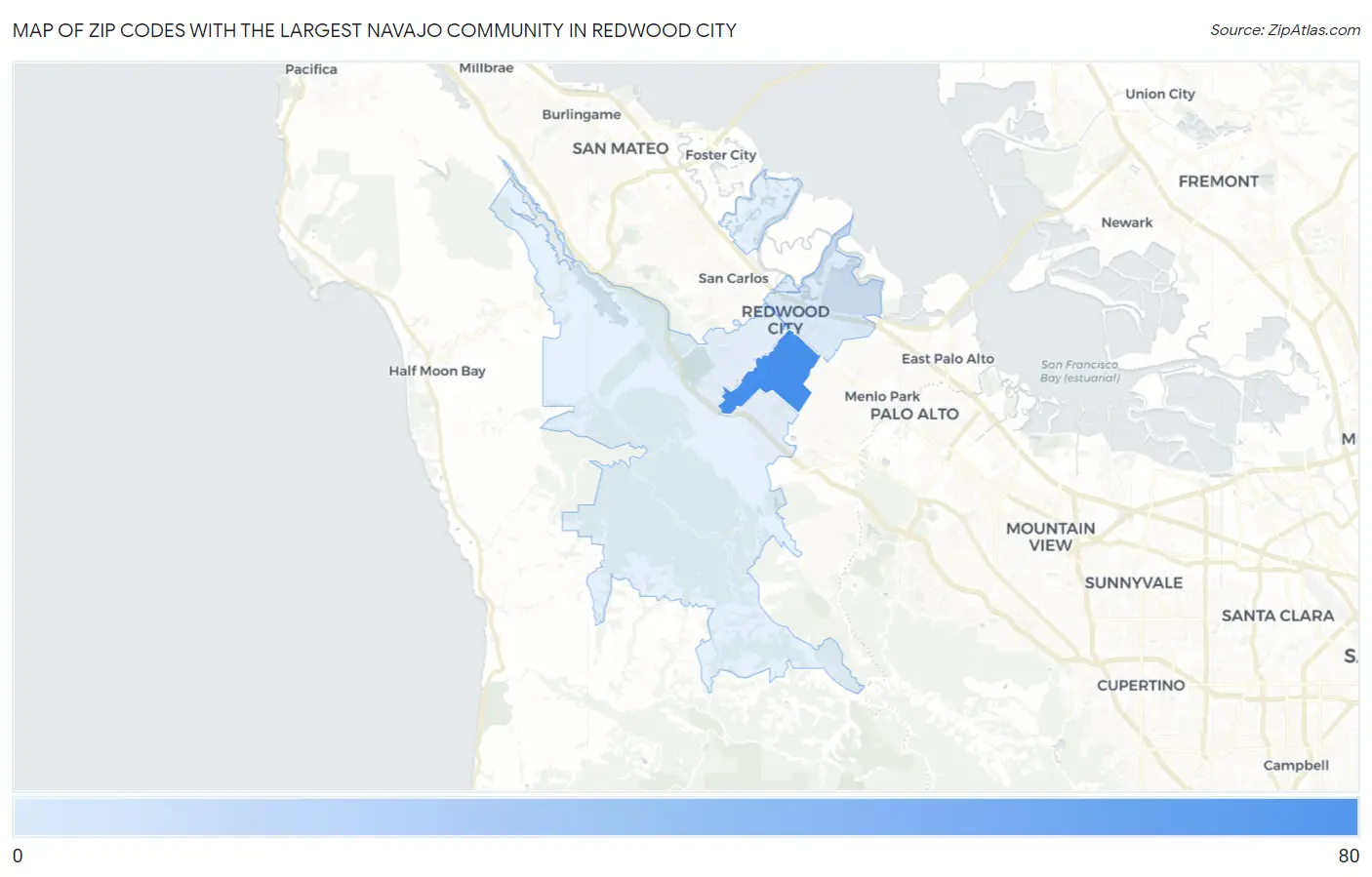 Zip Codes with the Largest Navajo Community in Redwood City Map