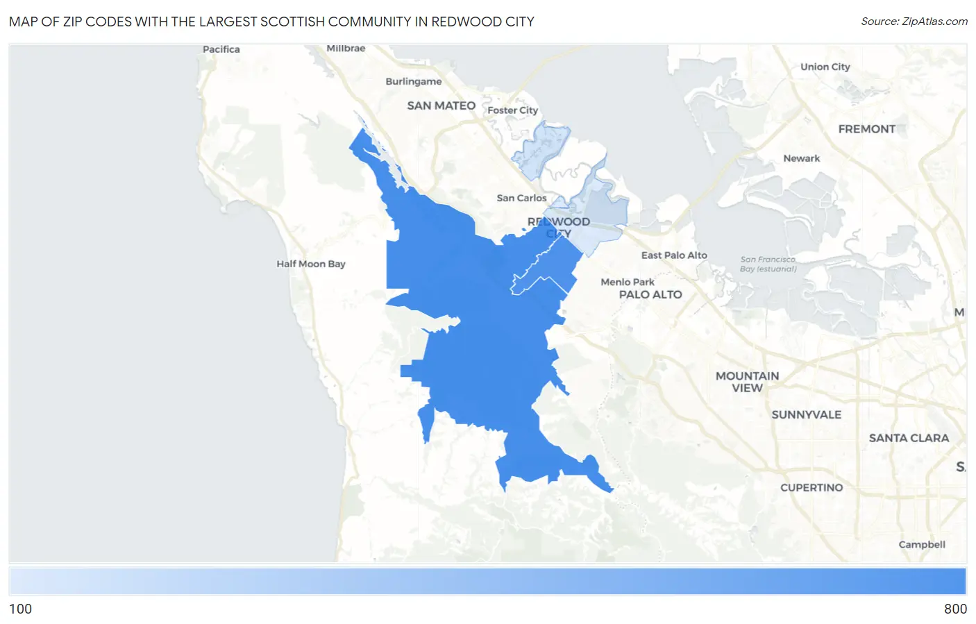 Zip Codes with the Largest Scottish Community in Redwood City Map