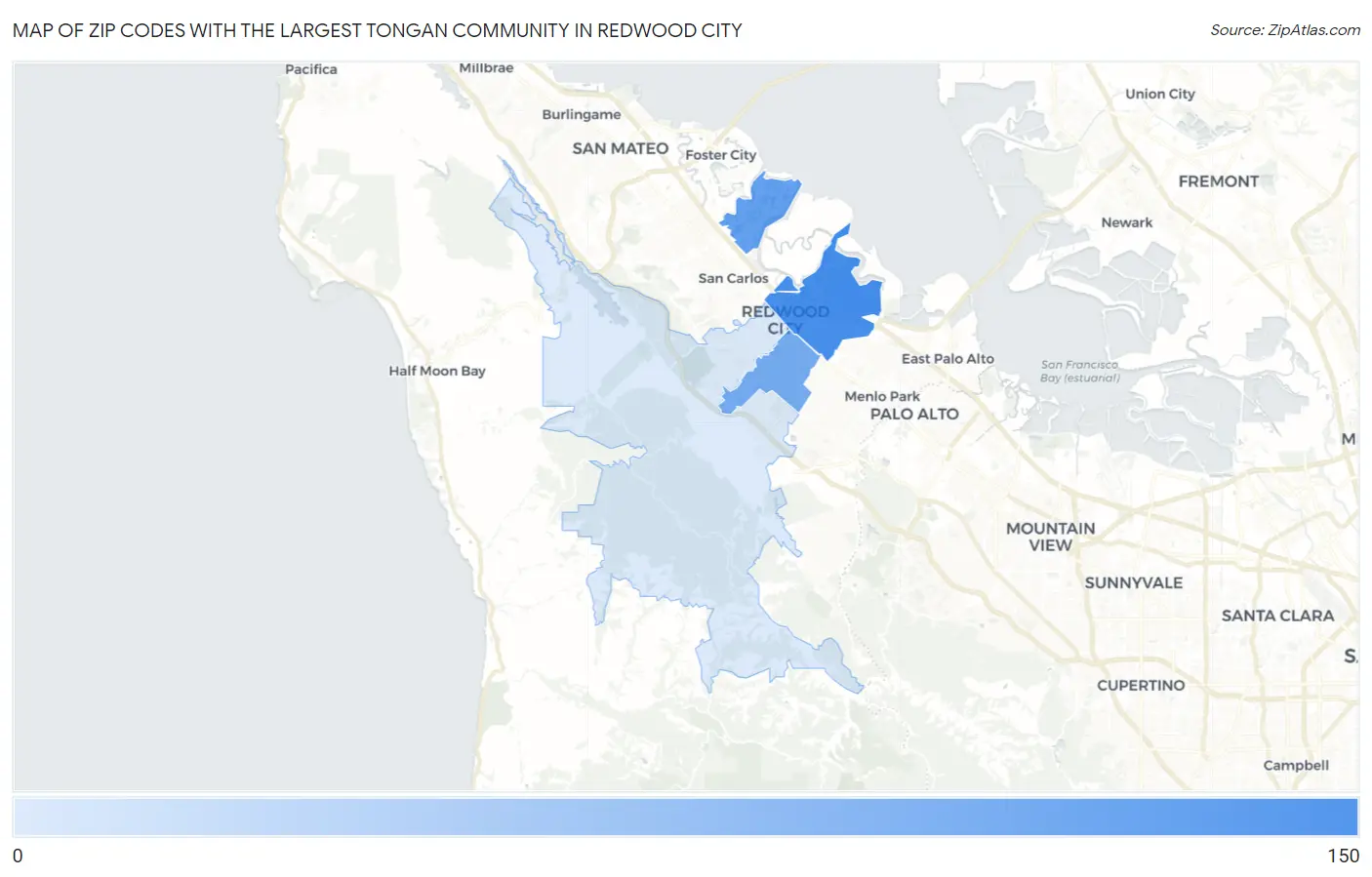 Zip Codes with the Largest Tongan Community in Redwood City Map