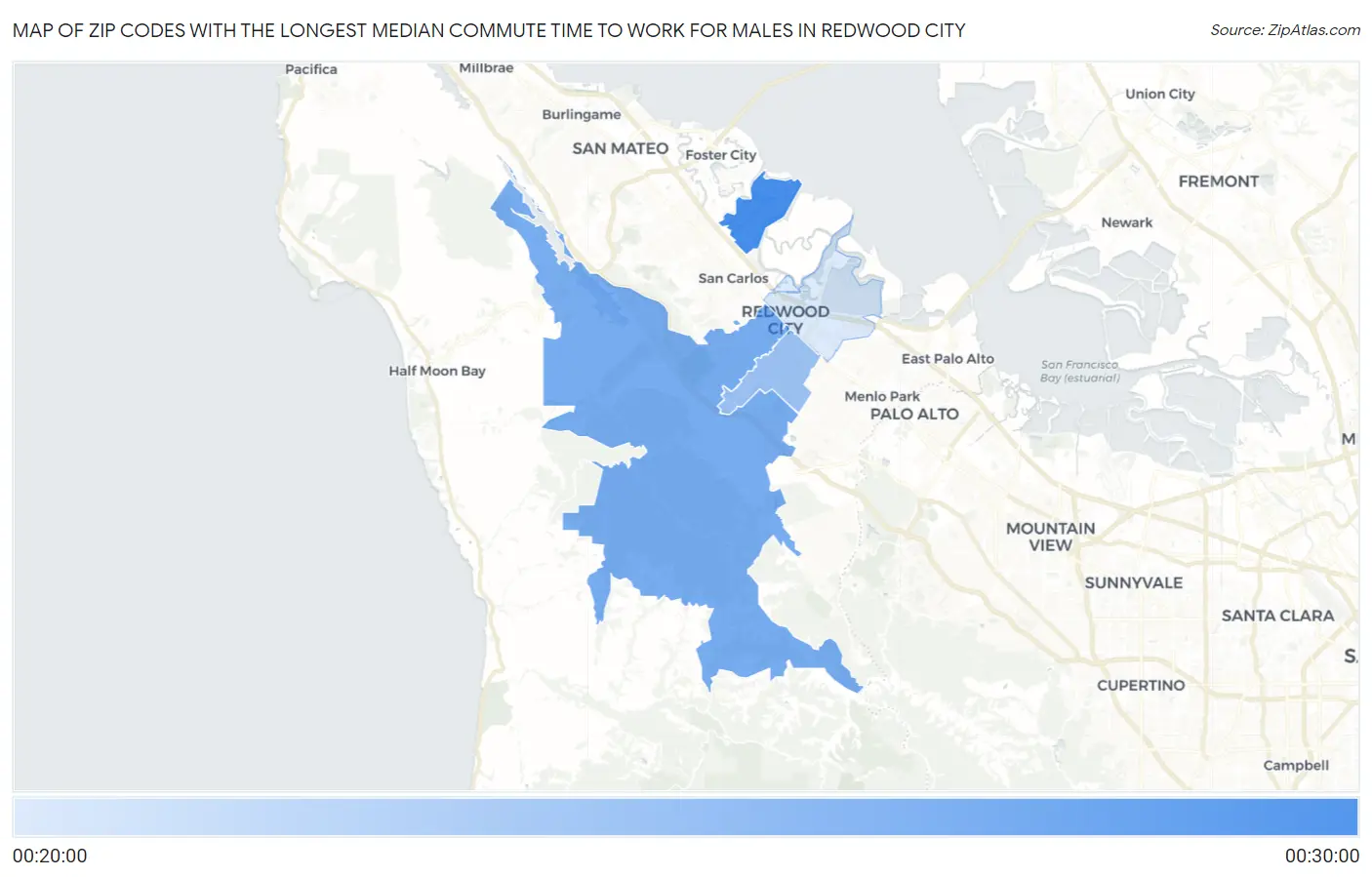 Zip Codes with the Longest Median Commute Time to Work for Males in Redwood City Map