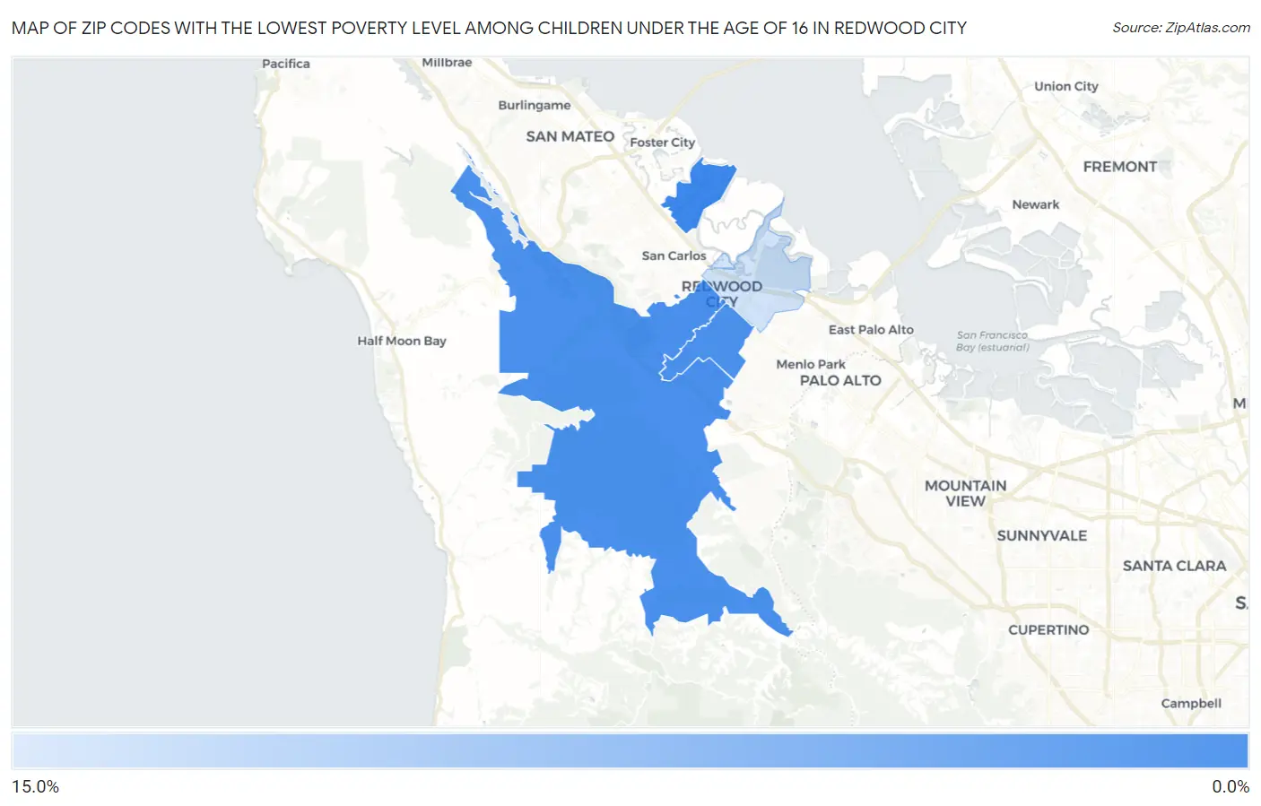 Zip Codes with the Lowest Poverty Level Among Children Under the Age of 16 in Redwood City Map