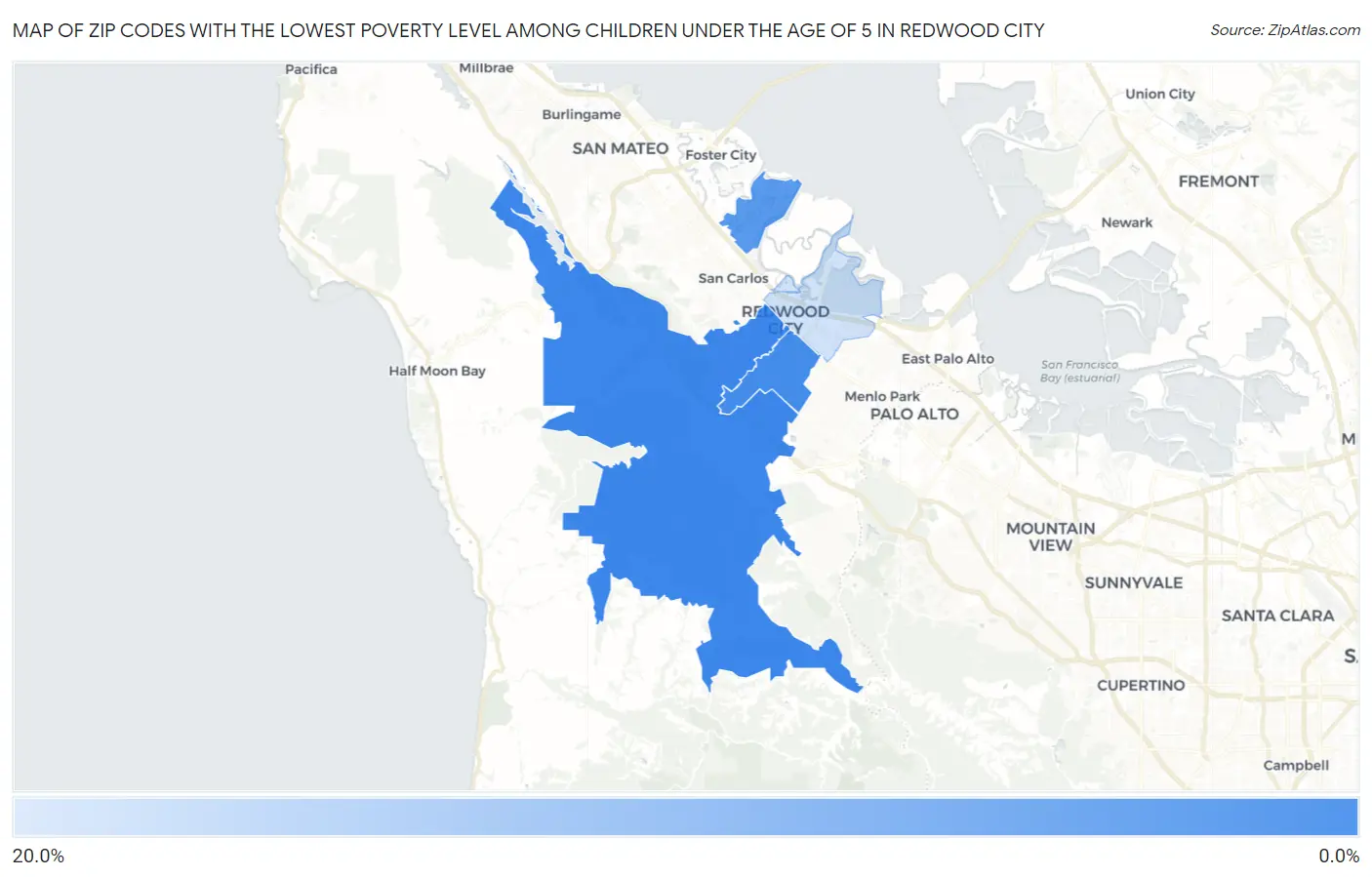 Zip Codes with the Lowest Poverty Level Among Children Under the Age of 5 in Redwood City Map