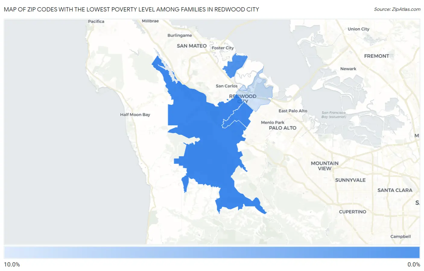 Zip Codes with the Lowest Poverty Level Among Families in Redwood City Map