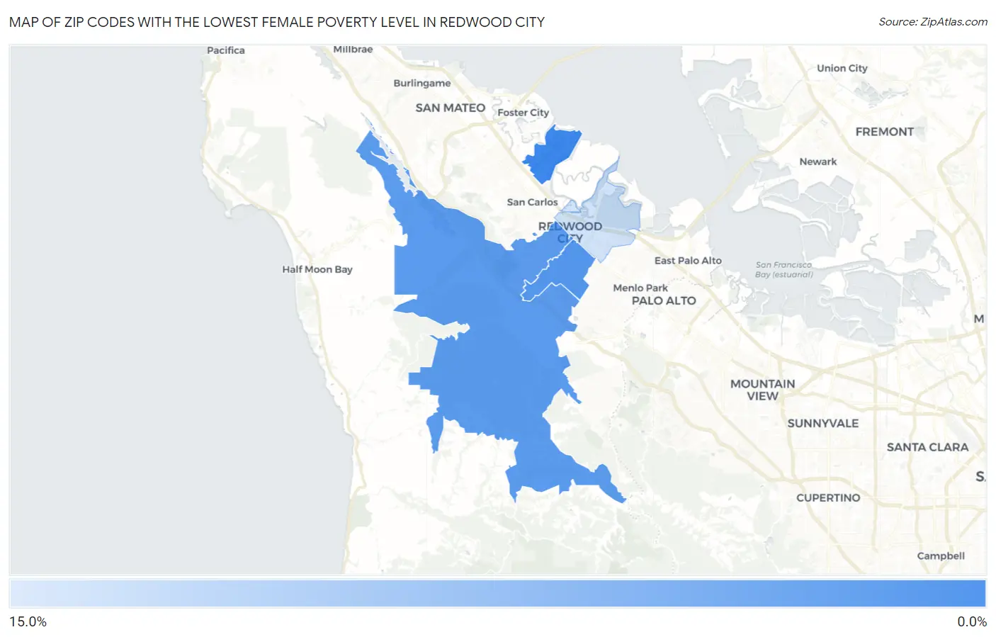 Zip Codes with the Lowest Female Poverty Level in Redwood City Map