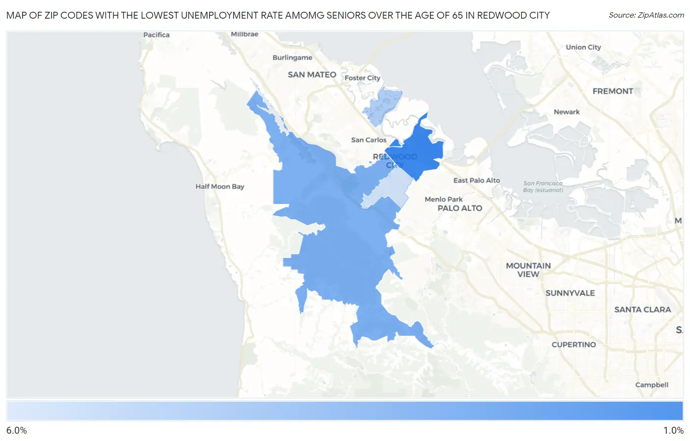 Zip Codes with the Lowest Unemployment Rate Amomg Seniors Over the Age of 65 in Redwood City Map