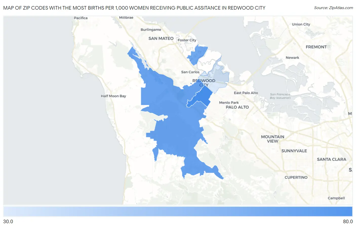 Zip Codes with the Most Births per 1,000 Women Receiving Public Assitance in Redwood City Map