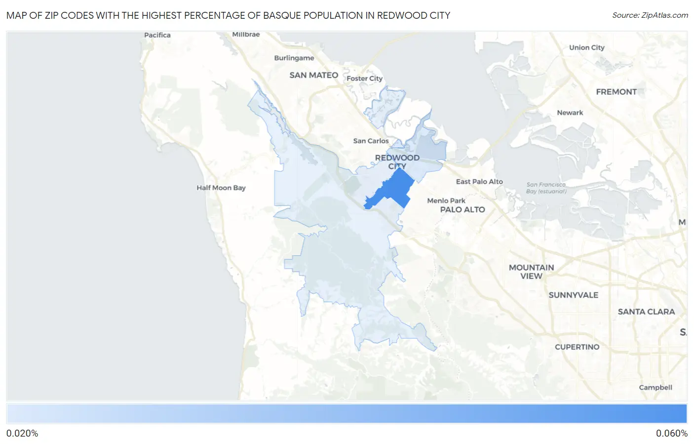 Zip Codes with the Highest Percentage of Basque Population in Redwood City Map