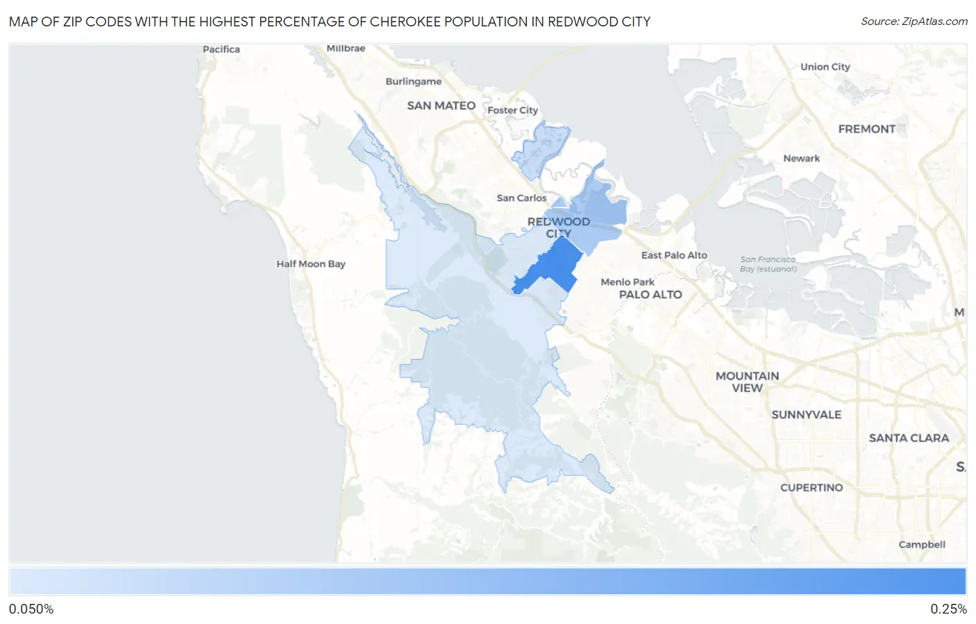 Zip Codes with the Highest Percentage of Cherokee Population in Redwood City Map