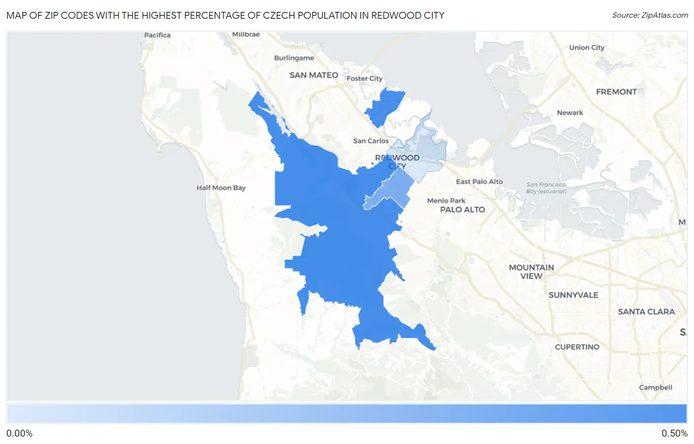 Zip Codes with the Highest Percentage of Czech Population in Redwood City Map