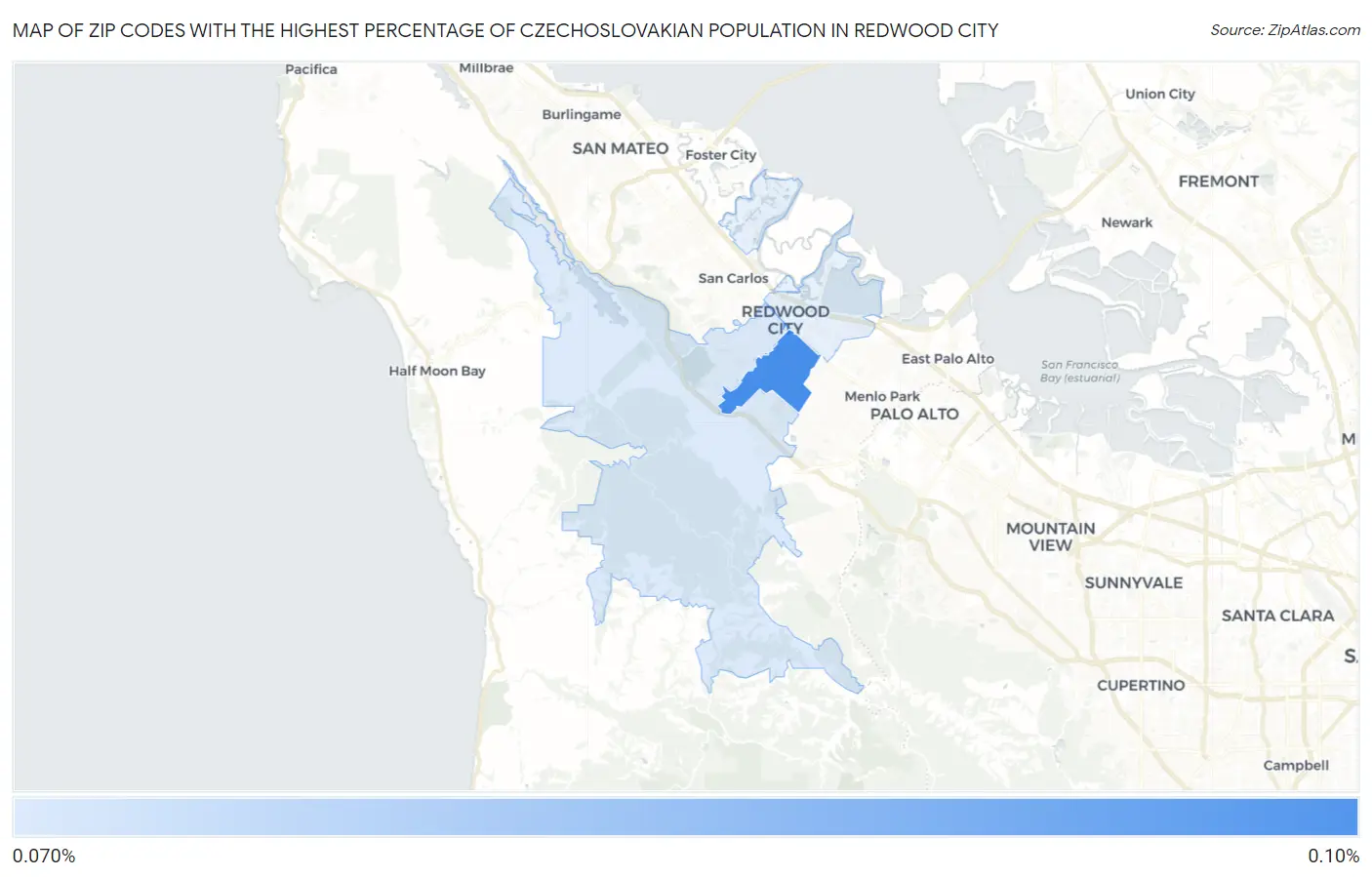 Zip Codes with the Highest Percentage of Czechoslovakian Population in Redwood City Map