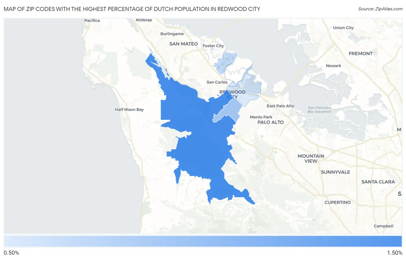 Zip Codes with the Highest Percentage of Dutch Population in Redwood City Map