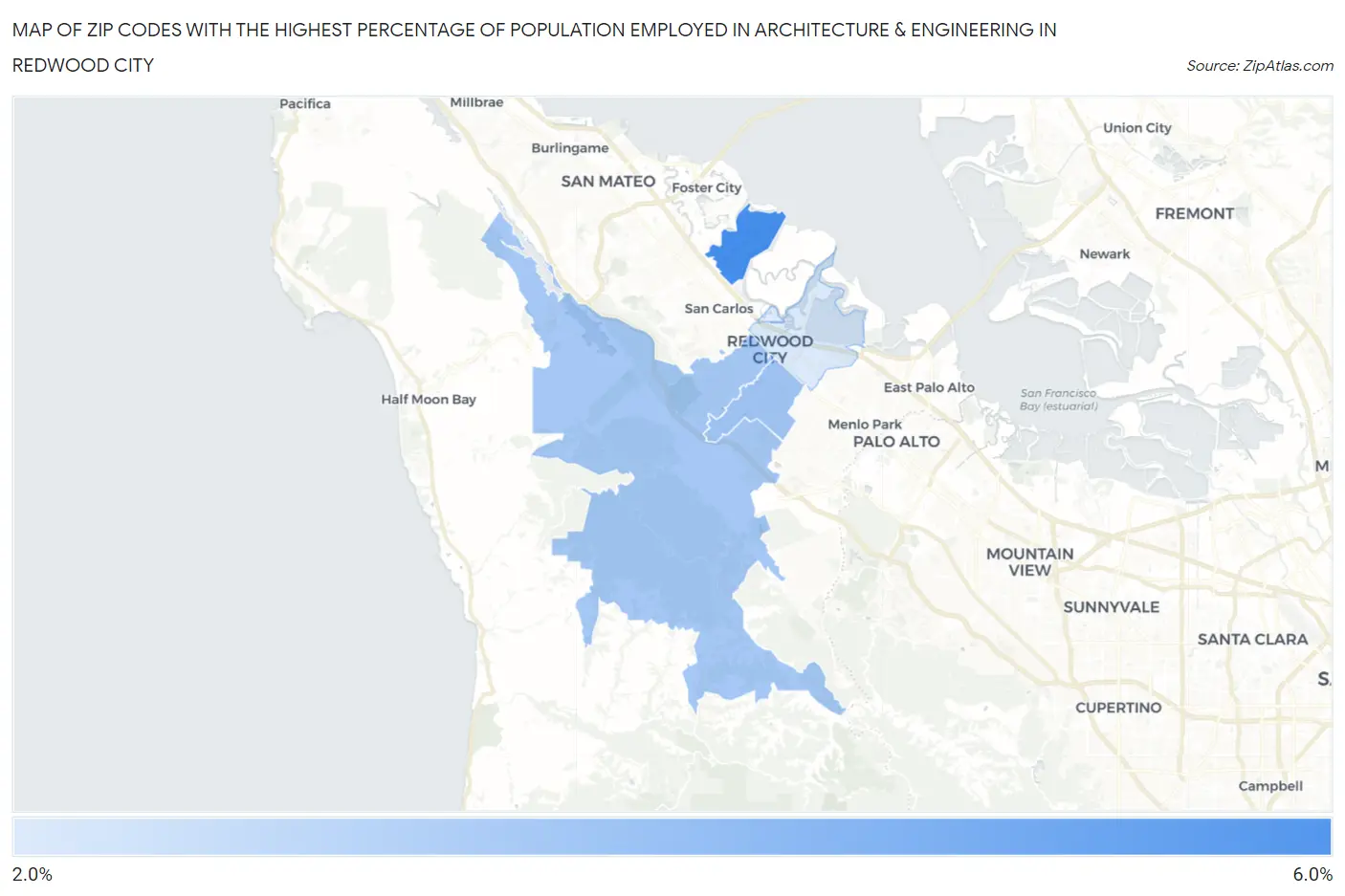 Zip Codes with the Highest Percentage of Population Employed in Architecture & Engineering in Redwood City Map