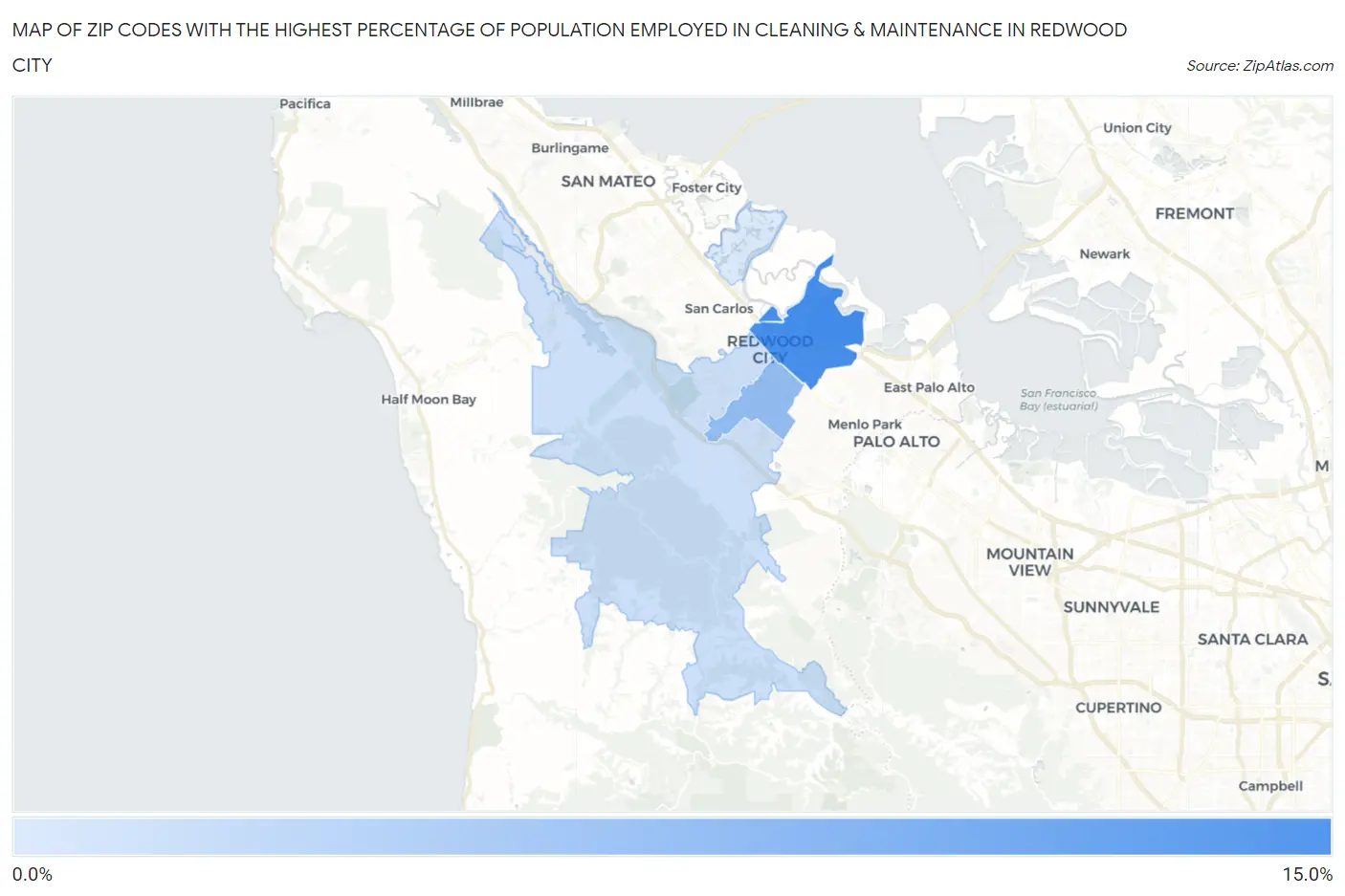 Zip Codes with the Highest Percentage of Population Employed in Cleaning & Maintenance in Redwood City Map