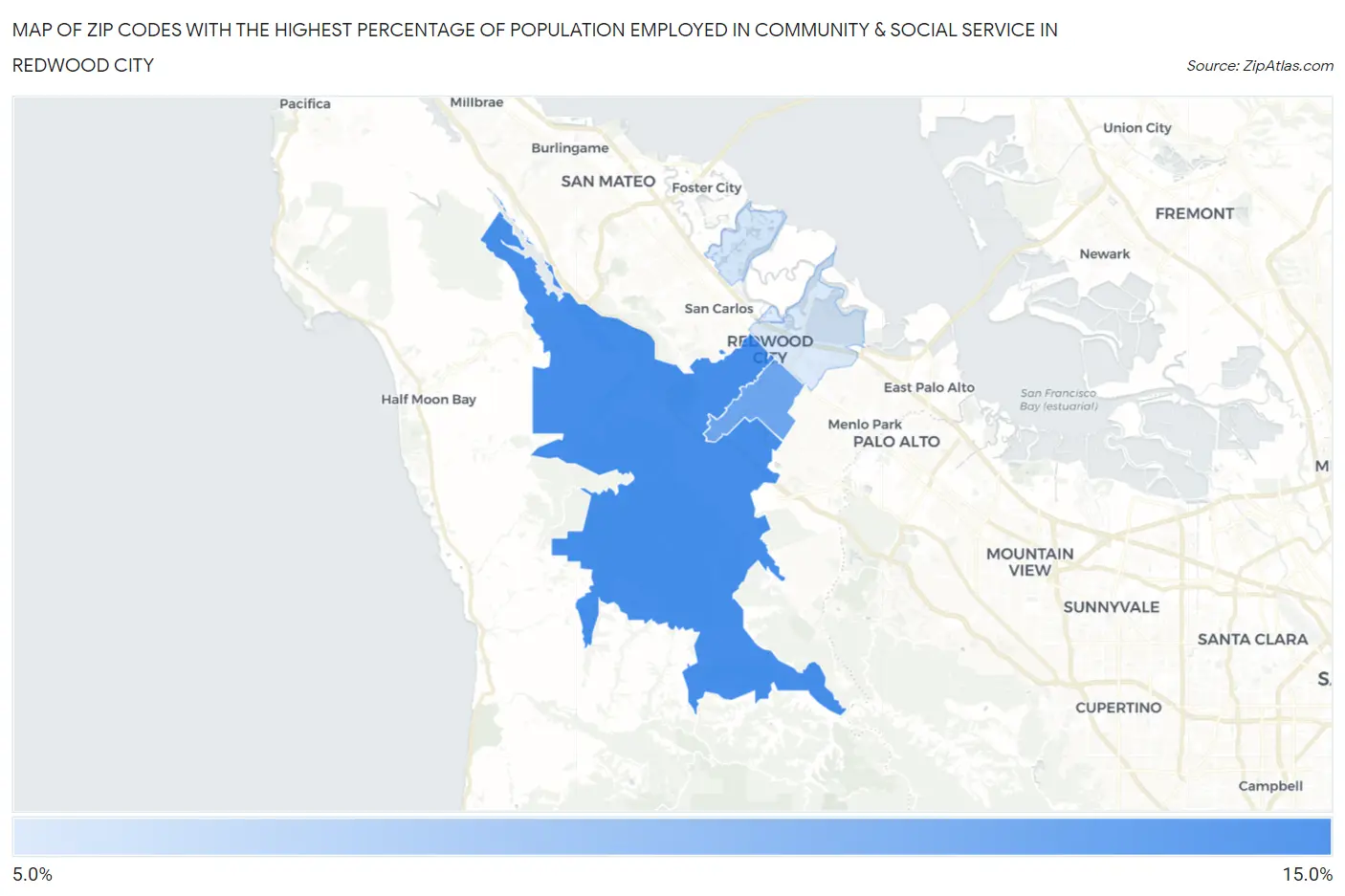Zip Codes with the Highest Percentage of Population Employed in Community & Social Service  in Redwood City Map