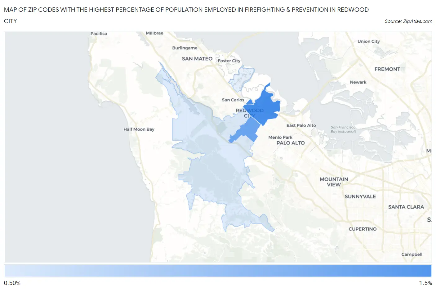 Zip Codes with the Highest Percentage of Population Employed in Firefighting & Prevention in Redwood City Map