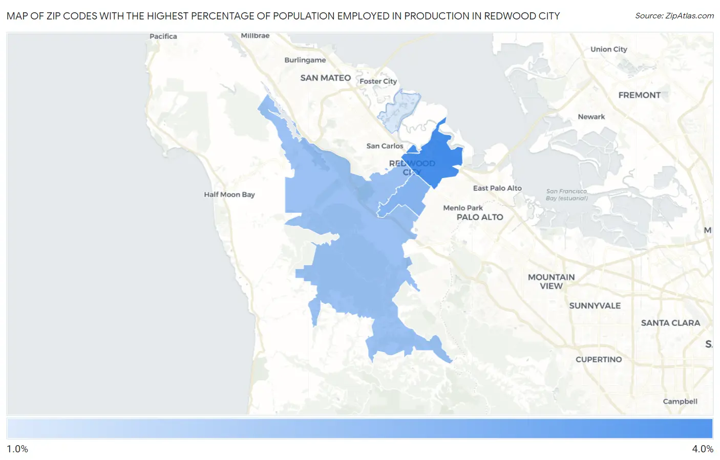 Zip Codes with the Highest Percentage of Population Employed in Production in Redwood City Map