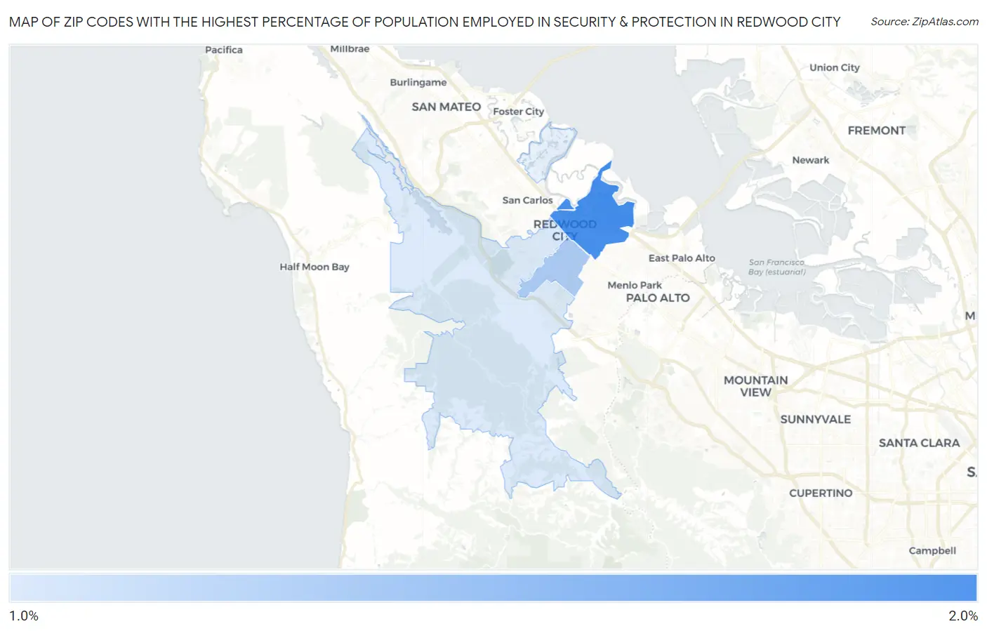 Zip Codes with the Highest Percentage of Population Employed in Security & Protection in Redwood City Map
