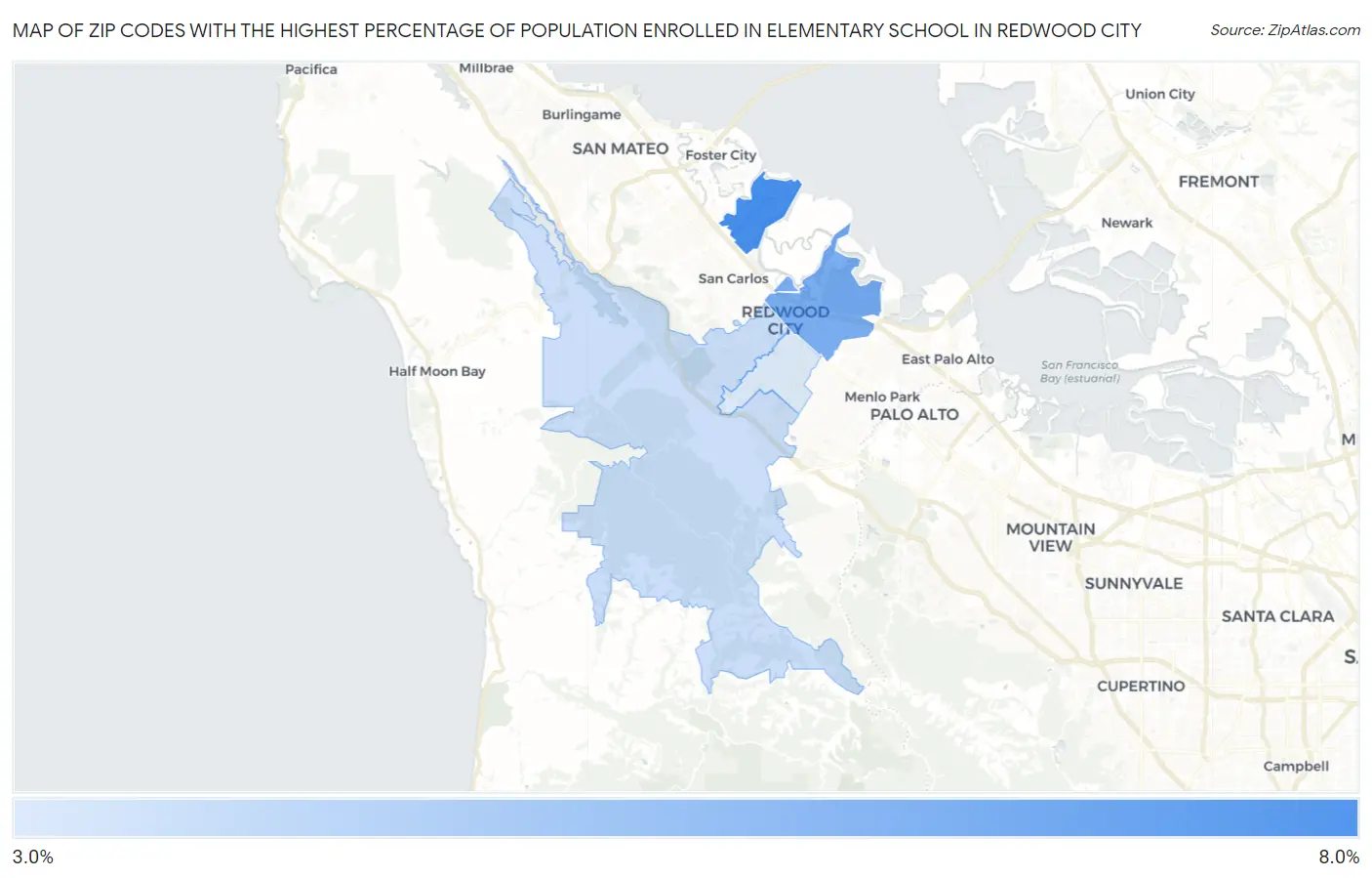 Zip Codes with the Highest Percentage of Population Enrolled in Elementary School in Redwood City Map