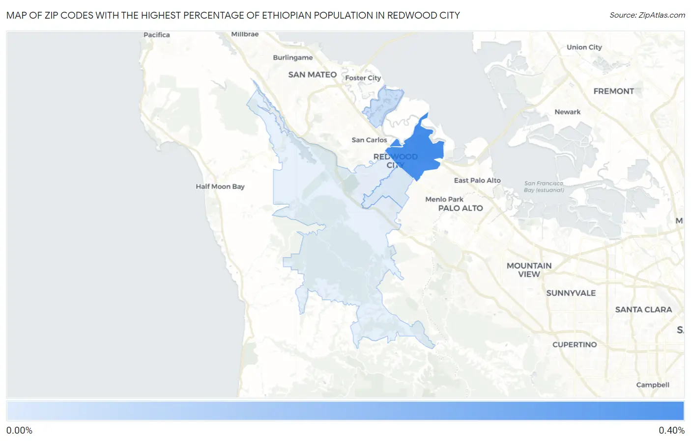 Zip Codes with the Highest Percentage of Ethiopian Population in Redwood City Map