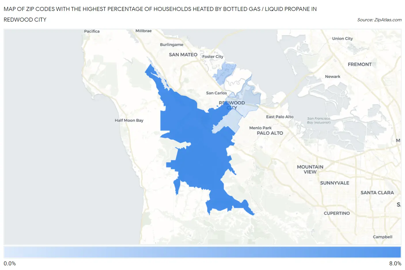 Zip Codes with the Highest Percentage of Households Heated by Bottled Gas / Liquid Propane in Redwood City Map