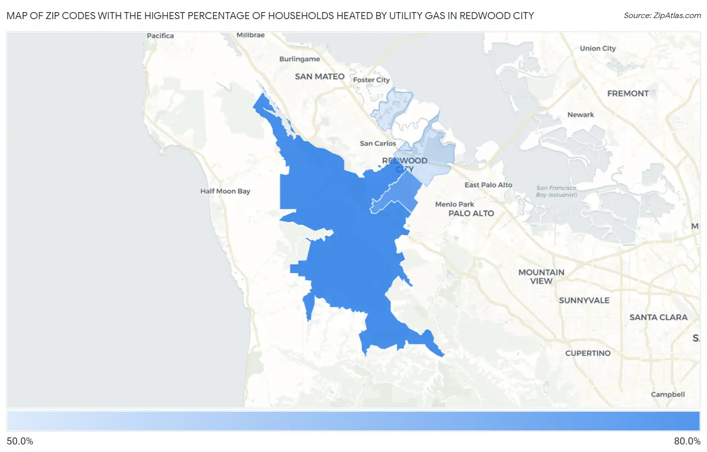 Zip Codes with the Highest Percentage of Households Heated by Utility Gas in Redwood City Map