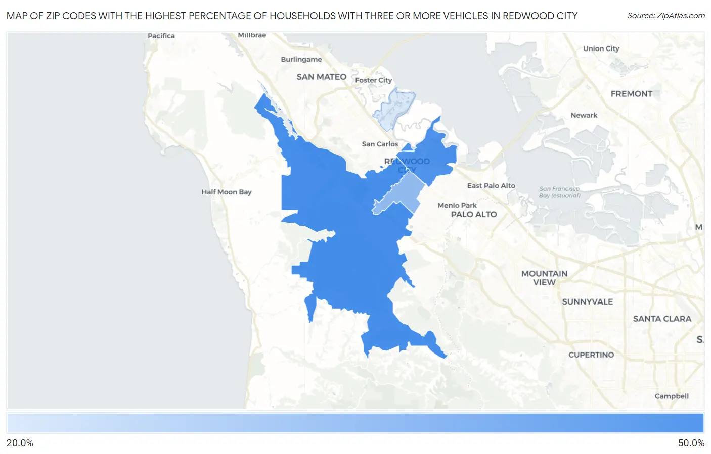 Zip Codes with the Highest Percentage of Households With Three or more Vehicles in Redwood City Map