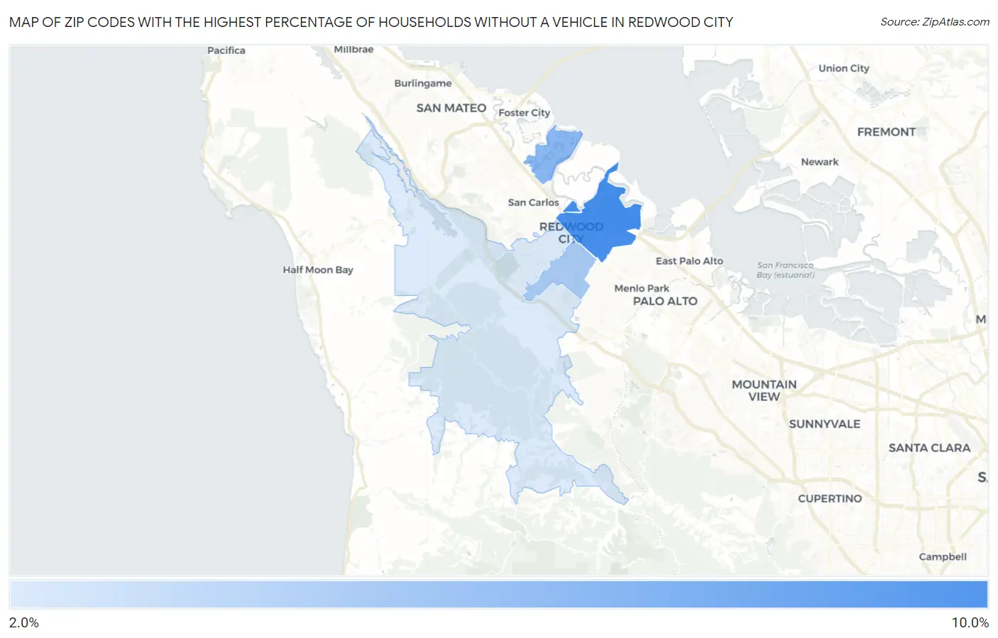 Zip Codes with the Highest Percentage of Households Without a Vehicle in Redwood City Map