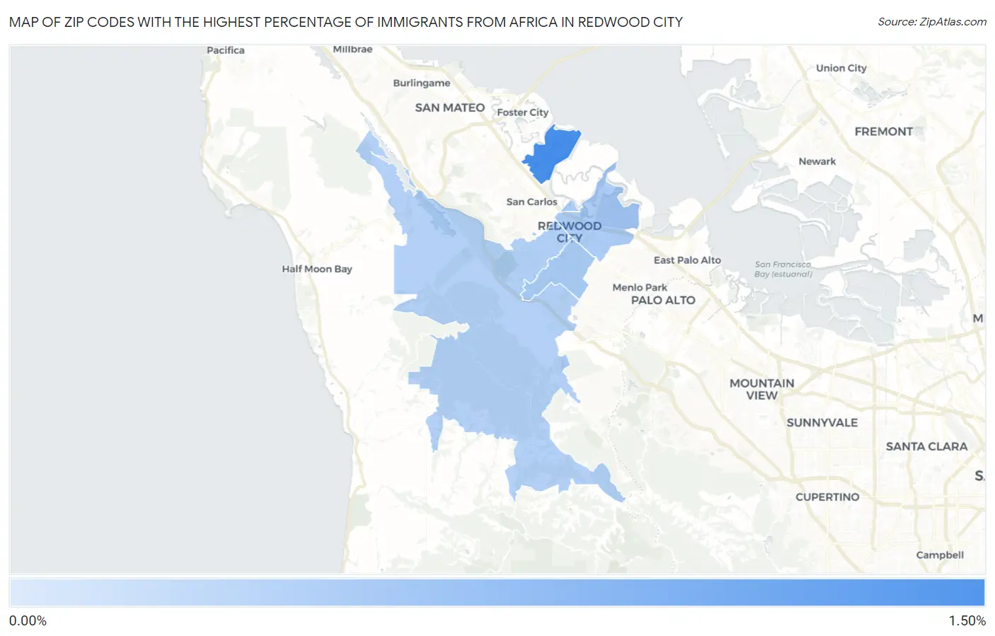 Zip Codes with the Highest Percentage of Immigrants from Africa in Redwood City Map