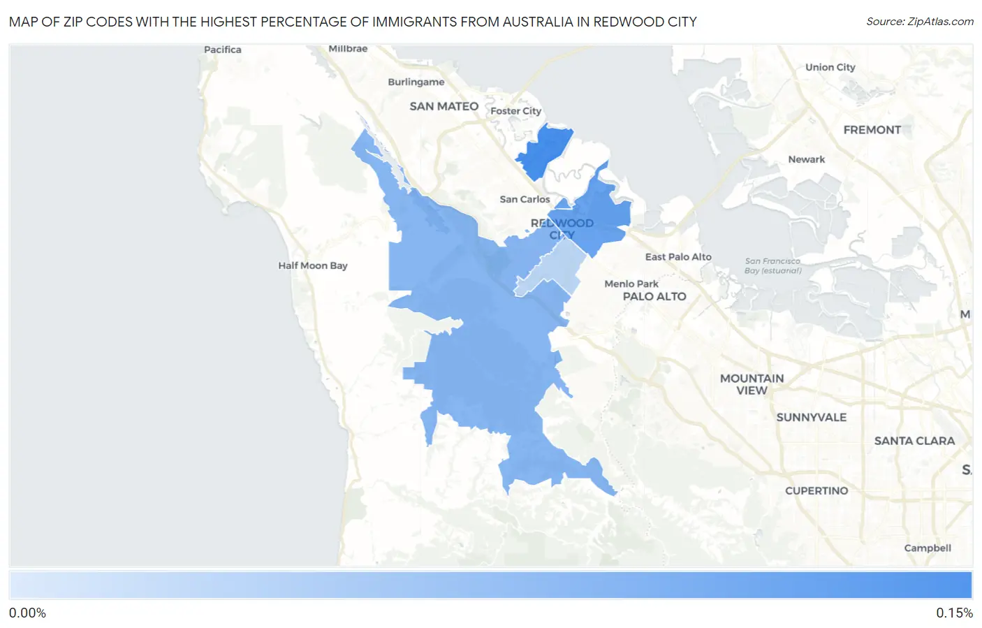 Zip Codes with the Highest Percentage of Immigrants from Australia in Redwood City Map