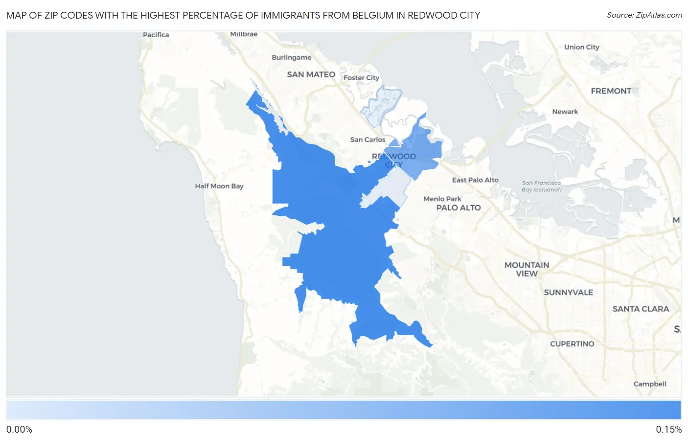 Zip Codes with the Highest Percentage of Immigrants from Belgium in Redwood City Map