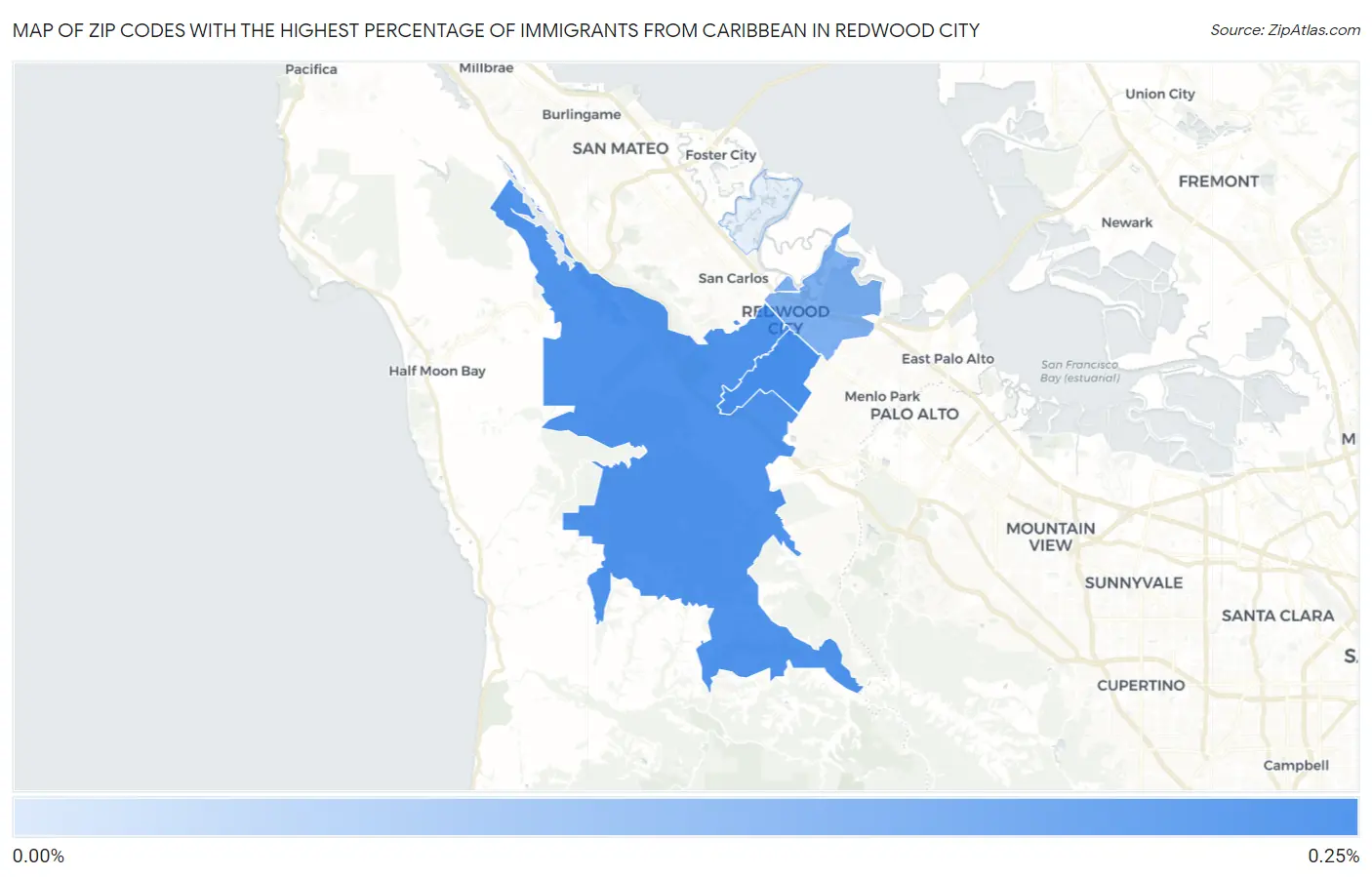 Zip Codes with the Highest Percentage of Immigrants from Caribbean in Redwood City Map