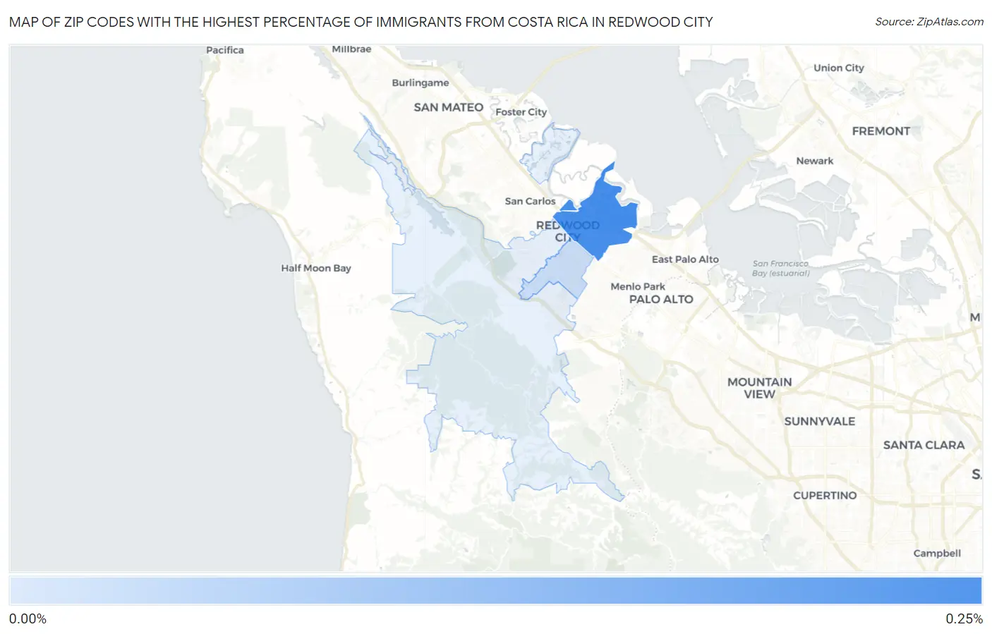 Zip Codes with the Highest Percentage of Immigrants from Costa Rica in Redwood City Map