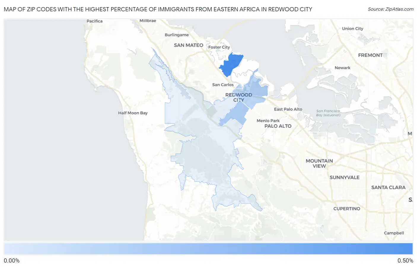 Zip Codes with the Highest Percentage of Immigrants from Eastern Africa in Redwood City Map