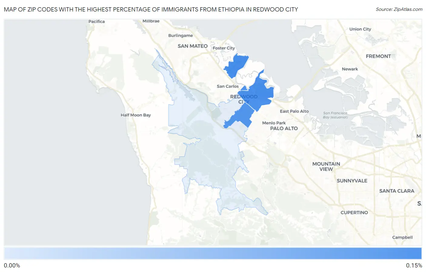 Zip Codes with the Highest Percentage of Immigrants from Ethiopia in Redwood City Map