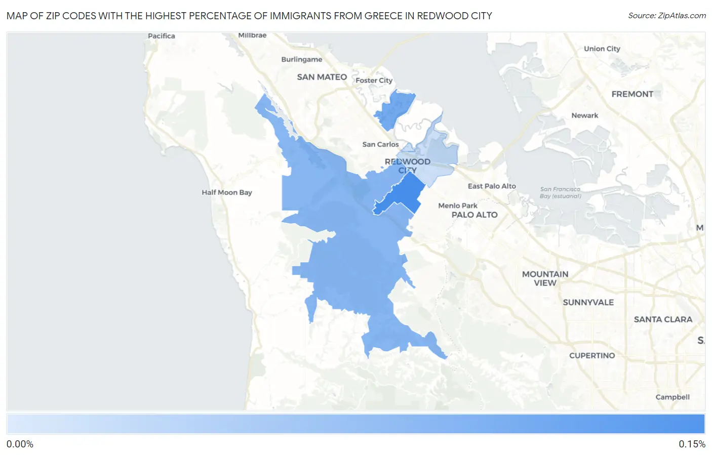 Zip Codes with the Highest Percentage of Immigrants from Greece in Redwood City Map