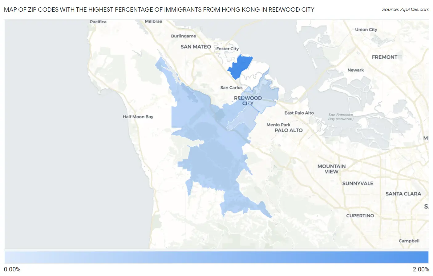 Zip Codes with the Highest Percentage of Immigrants from Hong Kong in Redwood City Map