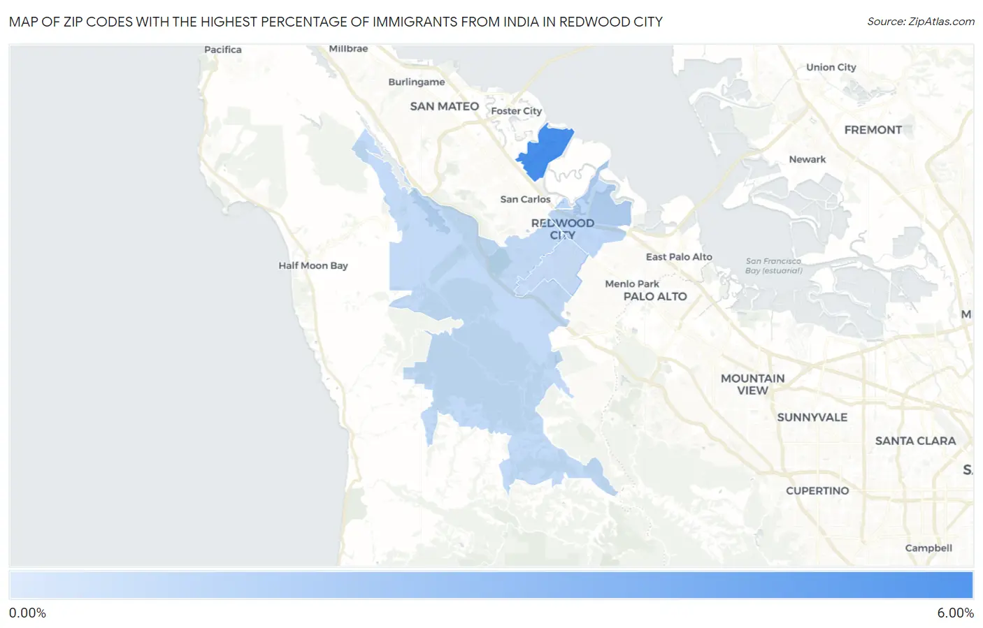 Zip Codes with the Highest Percentage of Immigrants from India in Redwood City Map