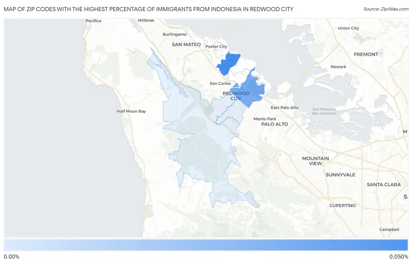 Zip Codes with the Highest Percentage of Immigrants from Indonesia in Redwood City Map