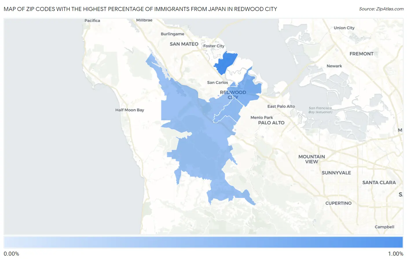 Zip Codes with the Highest Percentage of Immigrants from Japan in Redwood City Map