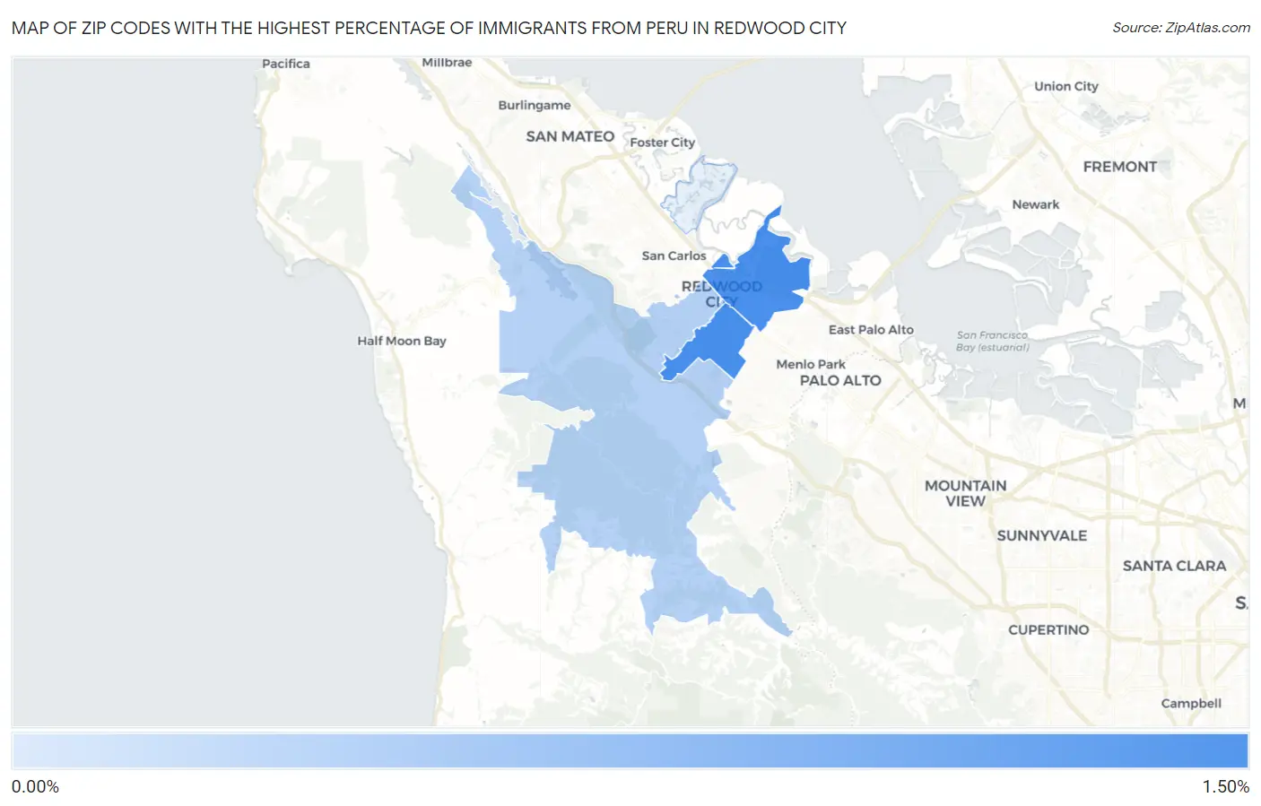 Zip Codes with the Highest Percentage of Immigrants from Peru in Redwood City Map