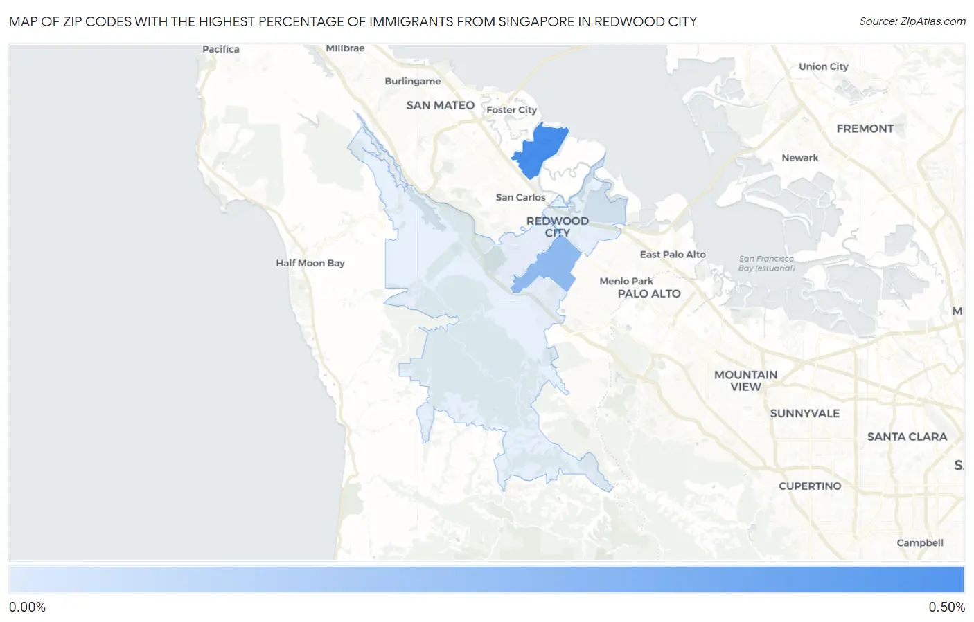 Zip Codes with the Highest Percentage of Immigrants from Singapore in Redwood City Map