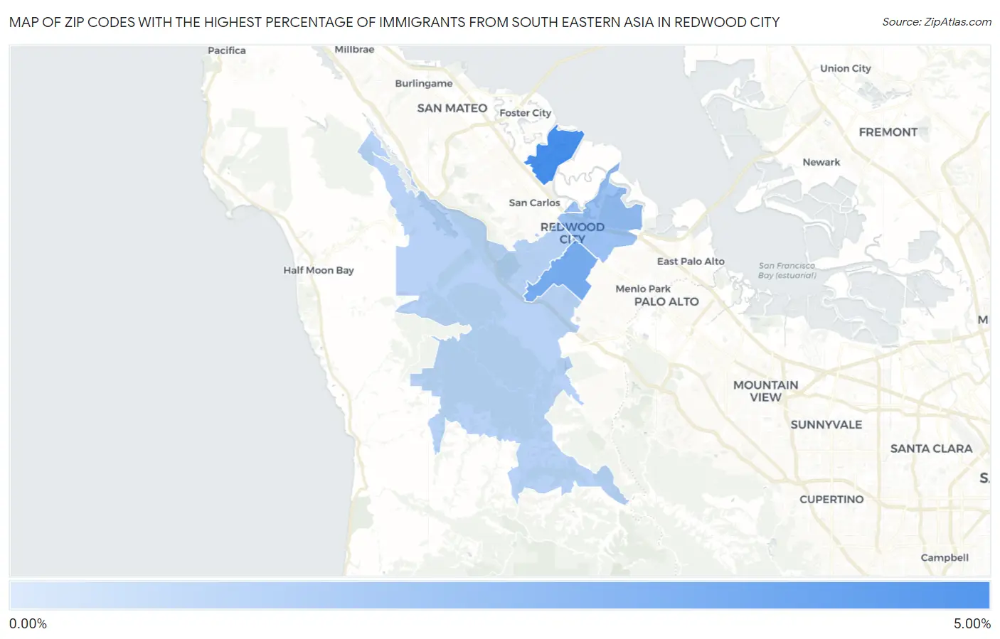 Zip Codes with the Highest Percentage of Immigrants from South Eastern Asia in Redwood City Map